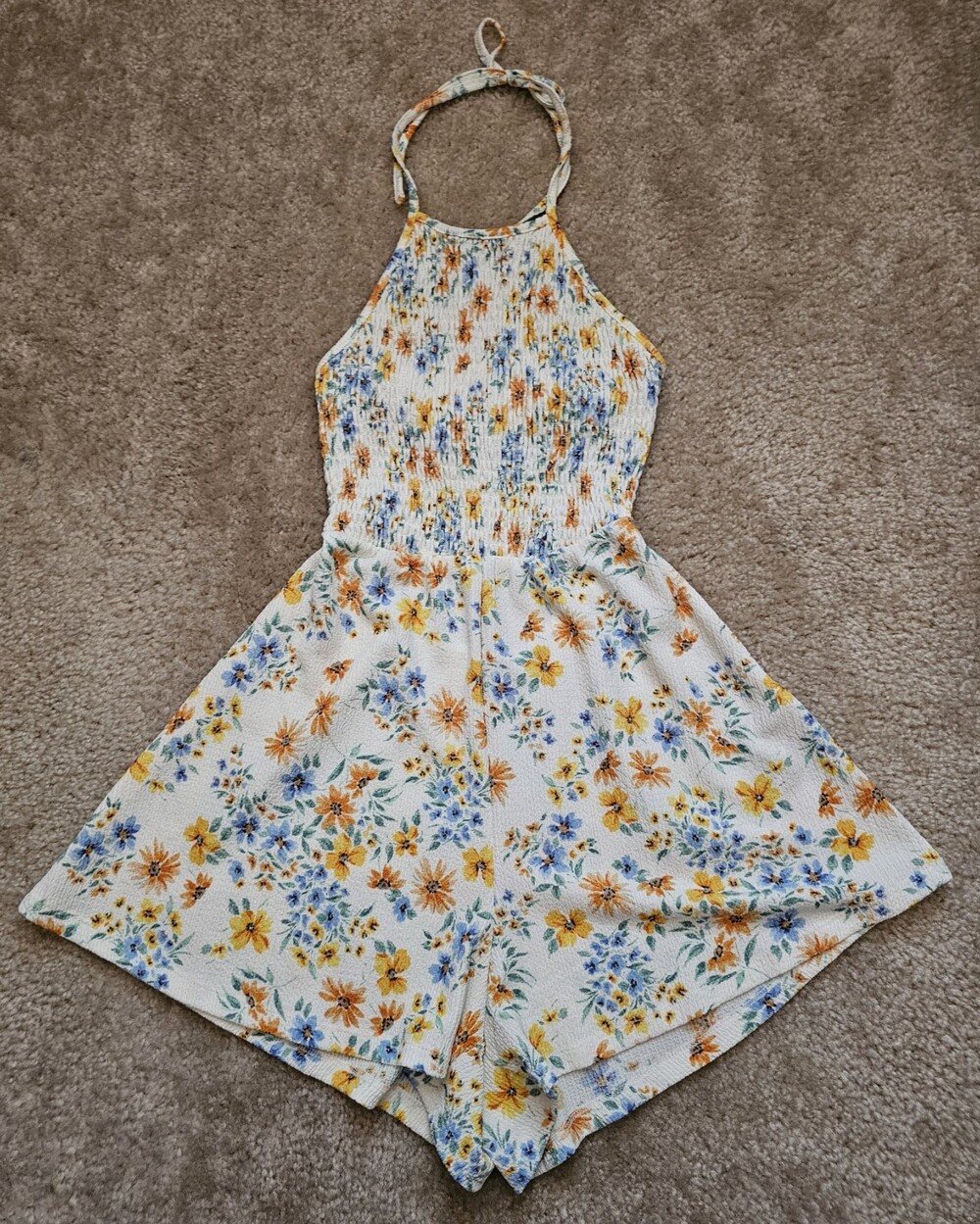 Bershka Women's XS Floral Halter Romper Smocked Open Back Boho Playsuit